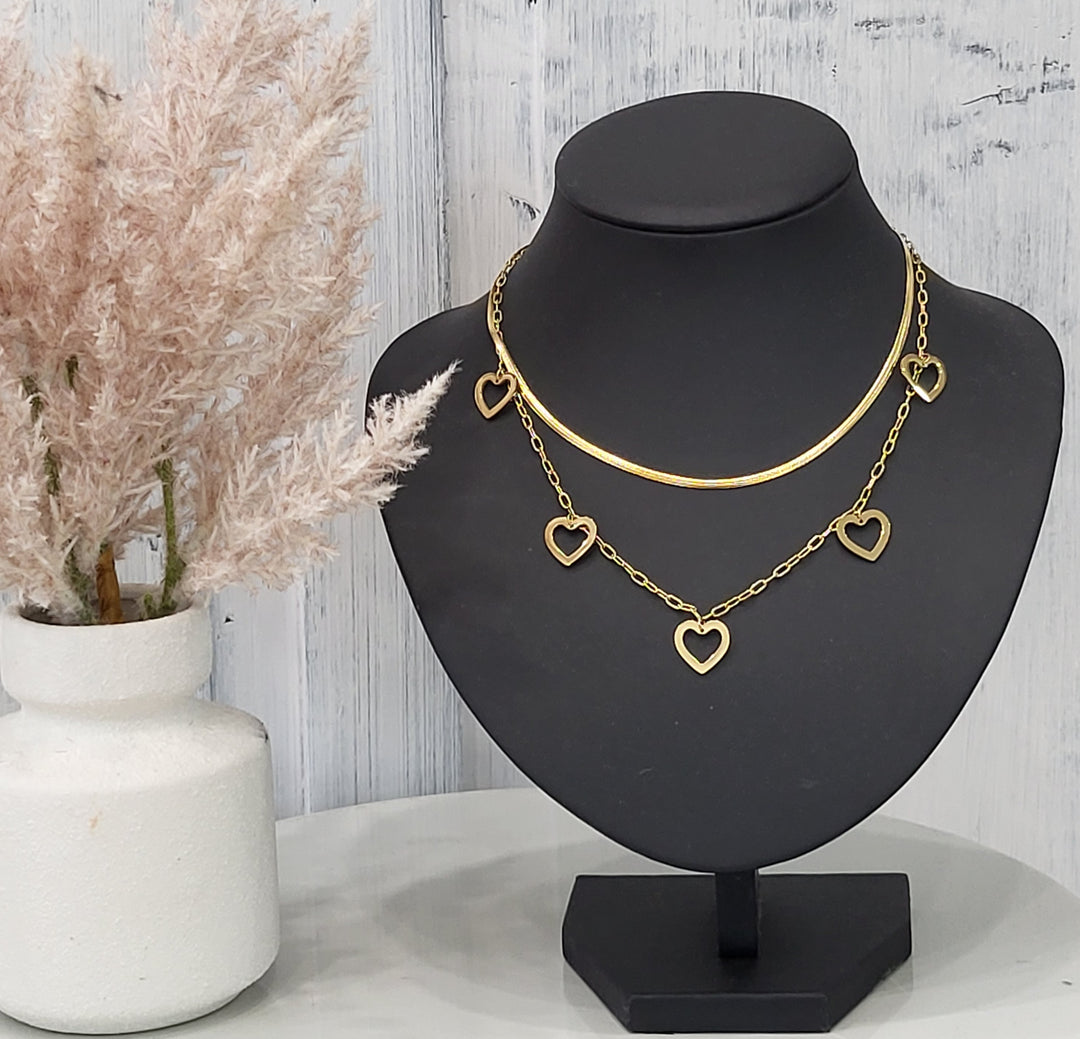 Double chain necklace with golden hearts