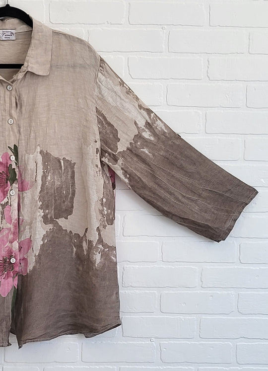Watercolor Bloom Linen Button-Up Shirt