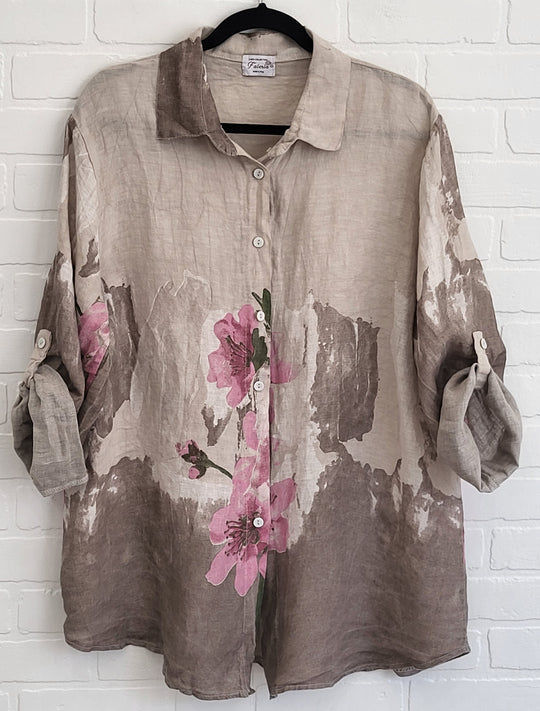 Watercolor Bloom Linen Button-Up Shirt