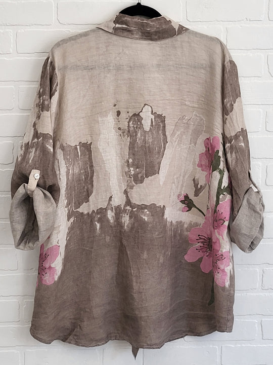 Watercolor Bloom Linen Button-Up Shirt