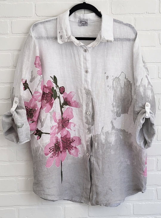Watercolor Bloom Linen Button-Up Shirt