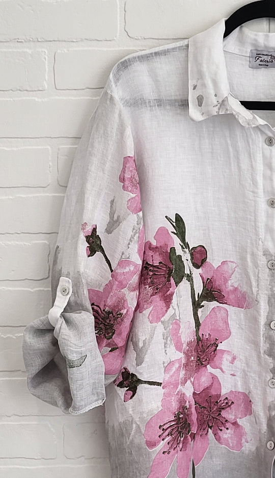 Watercolor Bloom Linen Button-Up Shirt