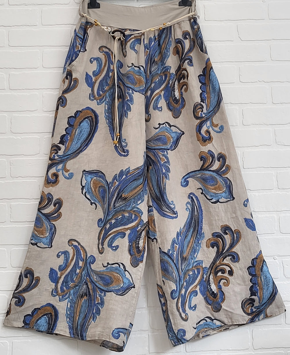 Paisley Print Wide-Leg Linen Pants