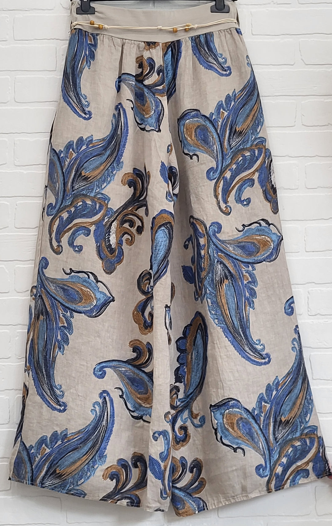 Paisley Print Wide-Leg Linen Pants