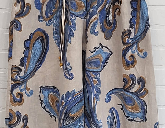 Paisley Print Wide-Leg Linen Pants