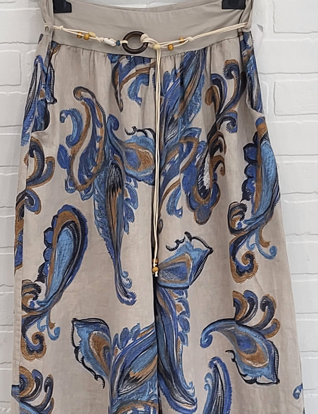 Paisley Print Wide-Leg Linen Pants