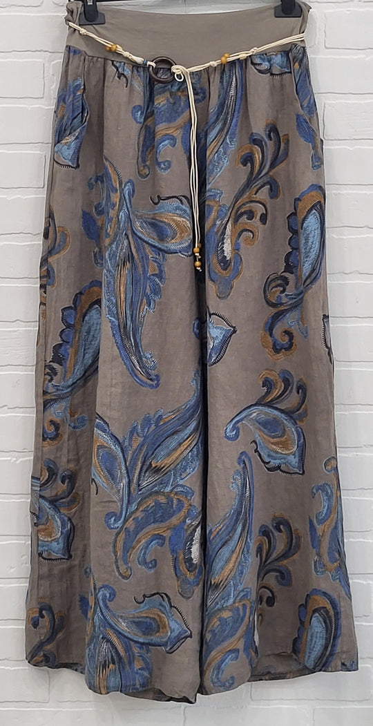 Paisley Print Wide-Leg Linen Pants
