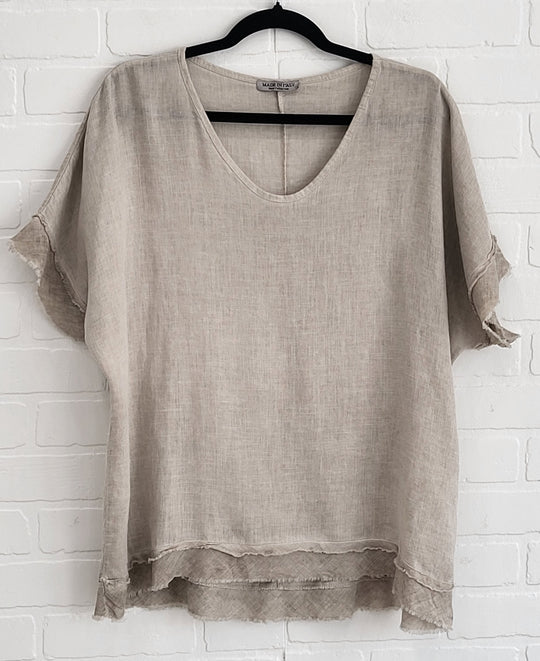 Soft Stone Linen Set – Frayed Top & Pants