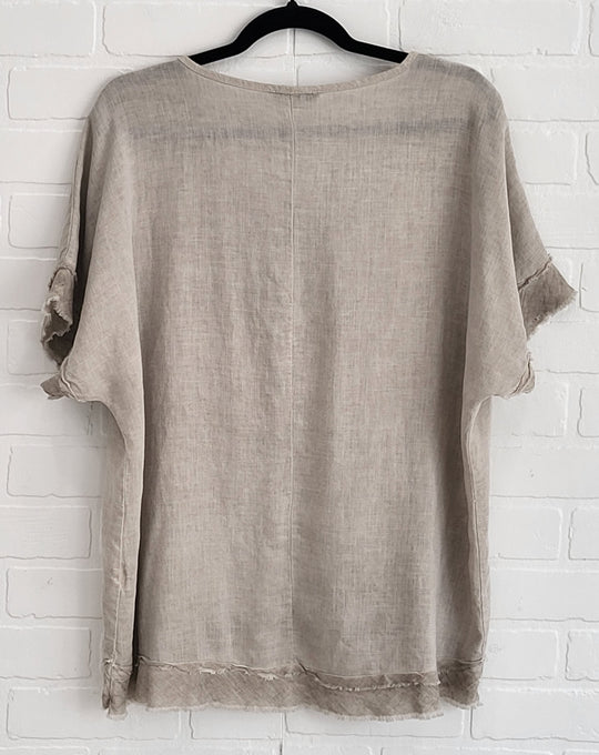 Soft Stone Linen Set – Frayed Top & Pants