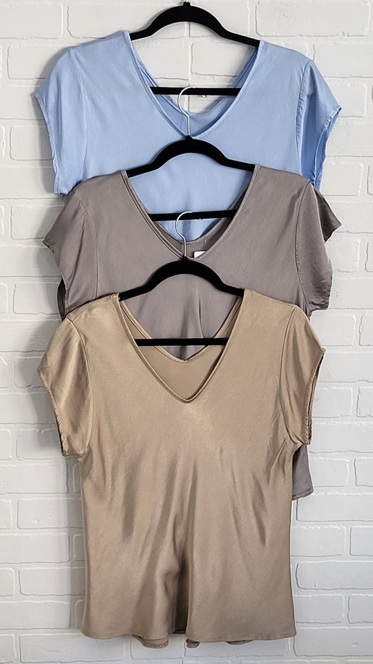 Belle Satin short sleeve V neck top