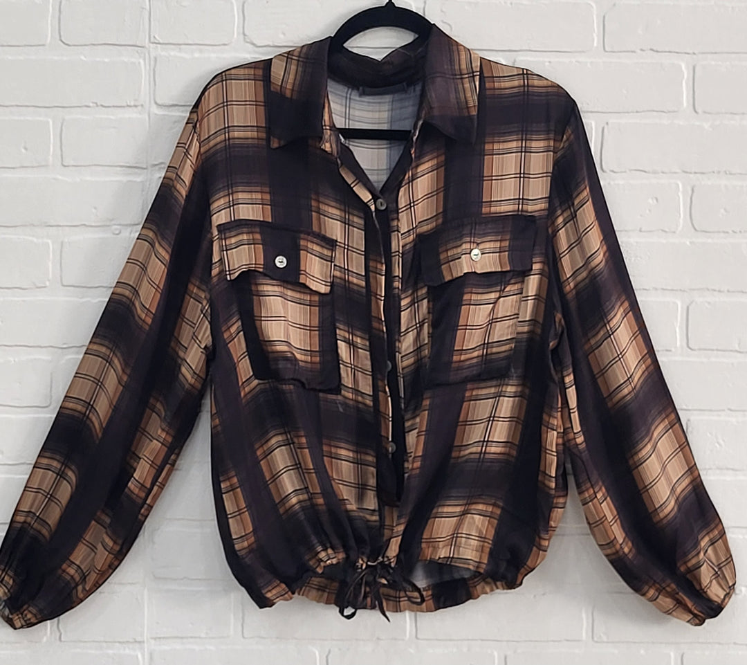 Satin Plaid Drawstring Blouse
