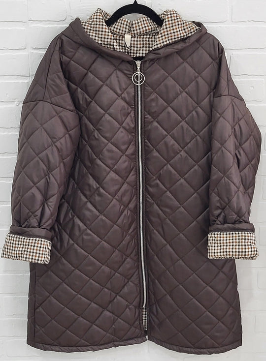 Lux Luna Quilted Hooded Coat with Check Trim