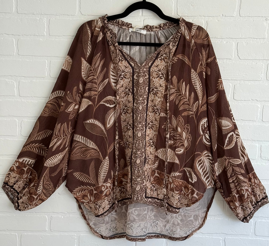 Boho Breeze Chocolate Leaf Print Blouse