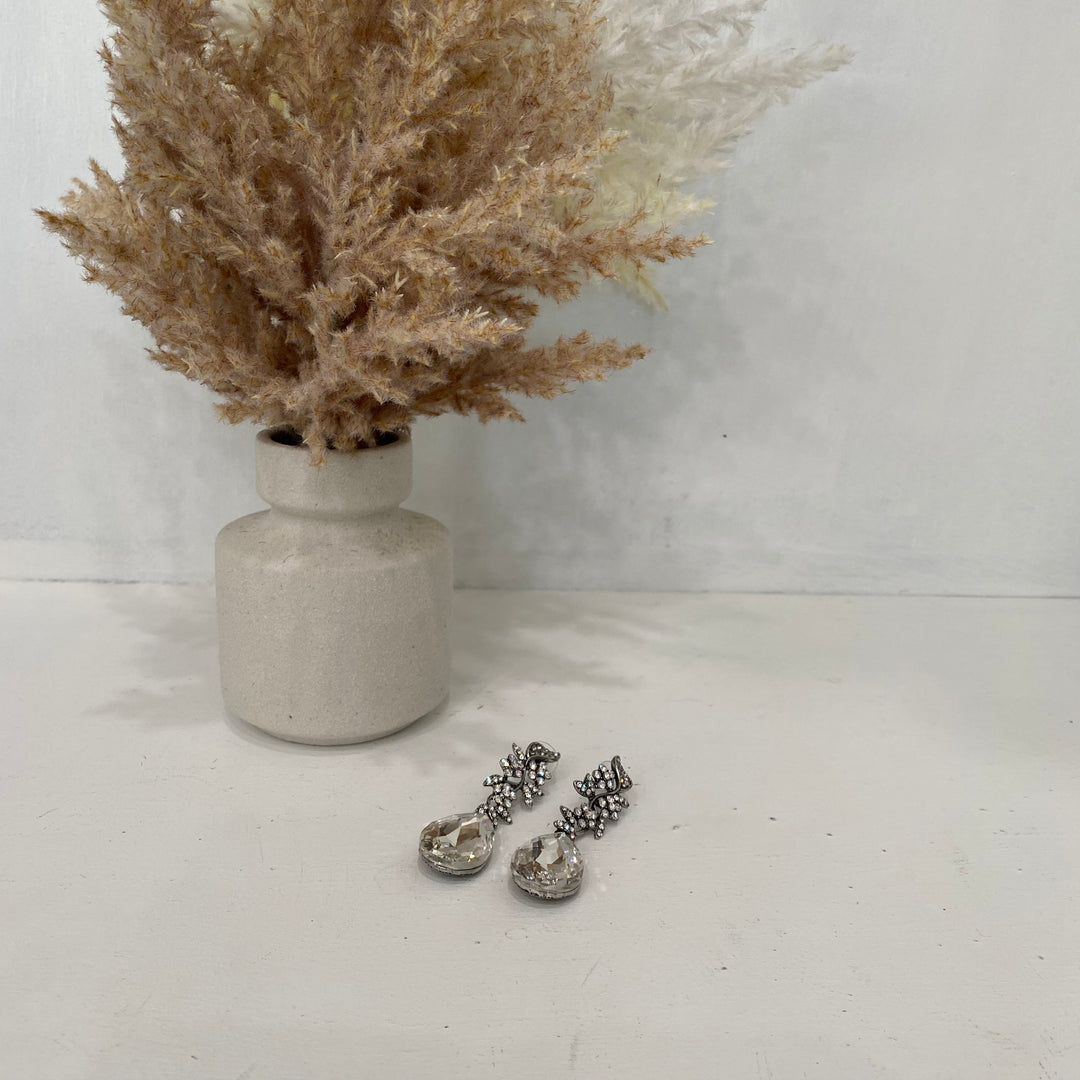Jewelled Leaf With White Tear Crystal Earrings