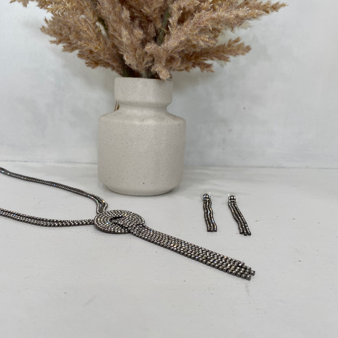 Silver Jewelled And Layered Necklace And Earring Set