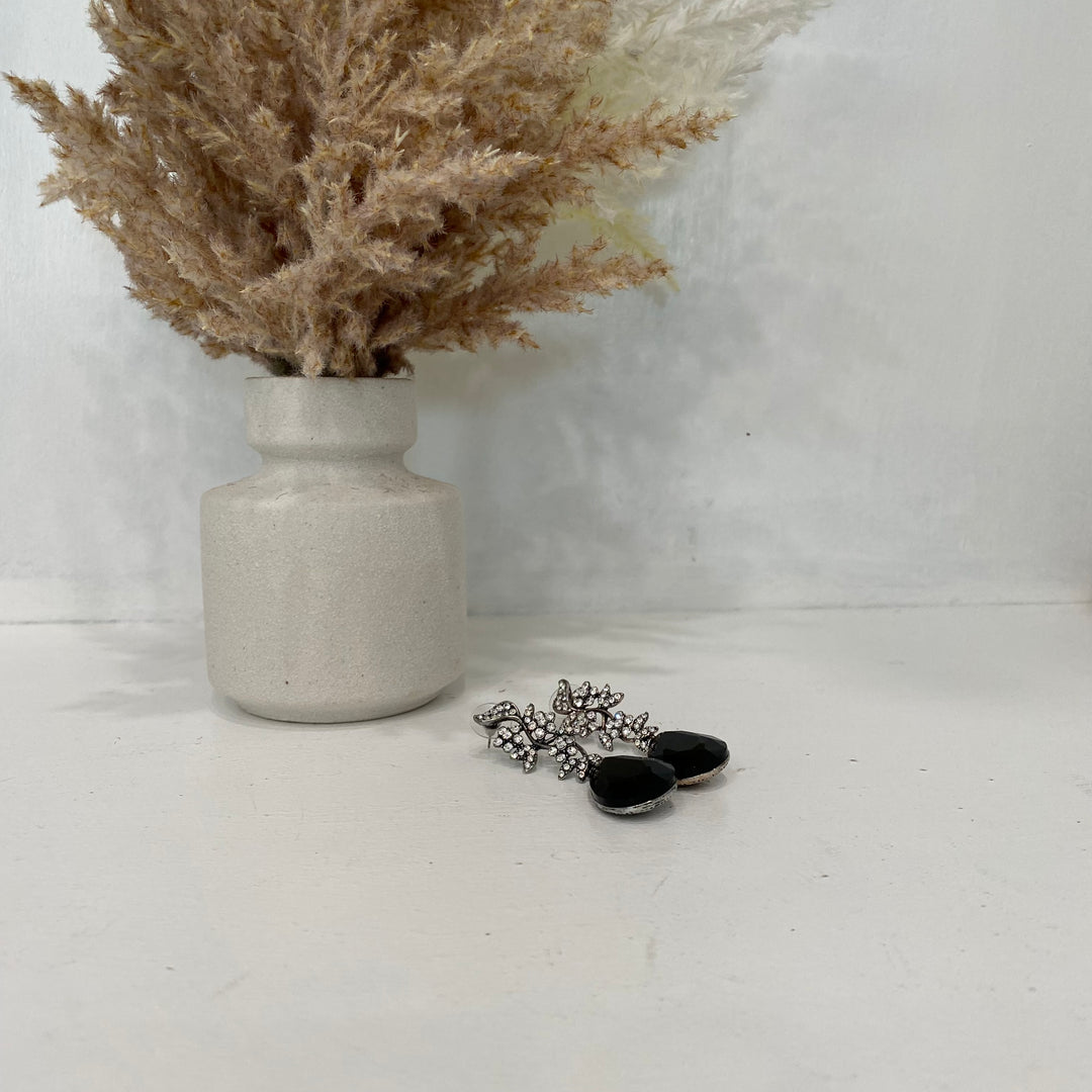 Jewelled Leaf With Black Tear Crystal Earrings