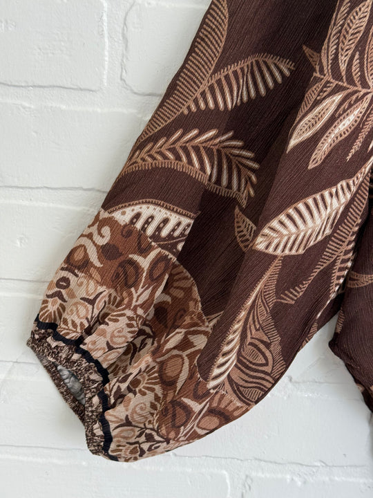 Boho Breeze Chocolate Leaf Print Blouse