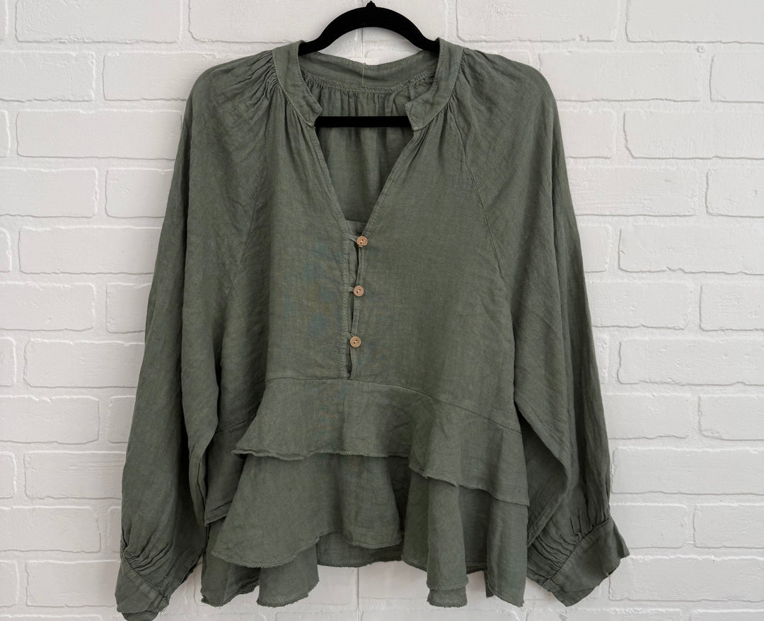 Santorini Linen Ruffle Blouse