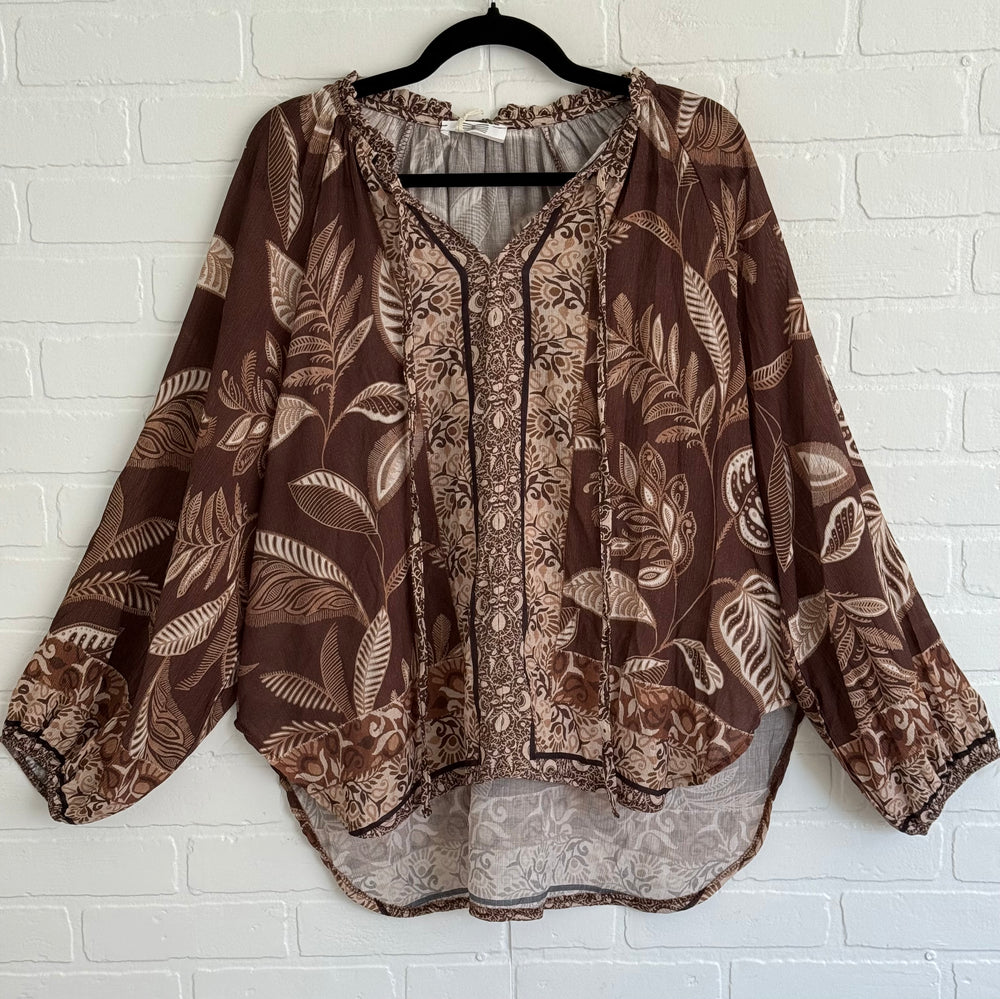 Boho Breeze Chocolate Leaf Print Blouse