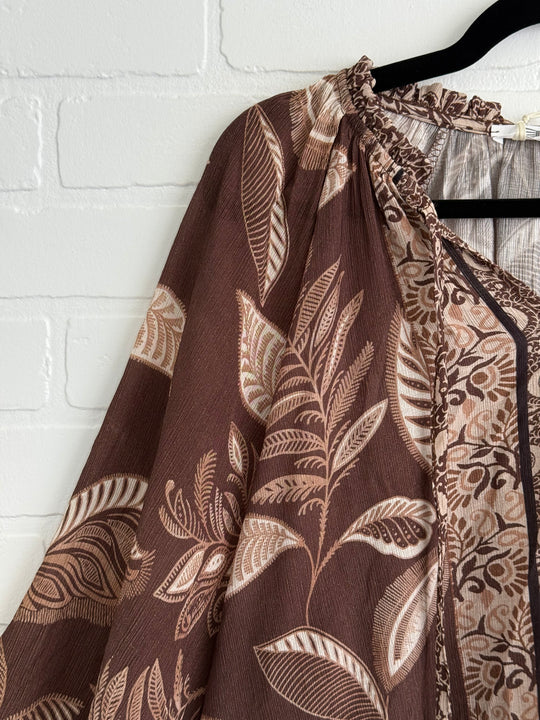 Boho Breeze Chocolate Leaf Print Blouse