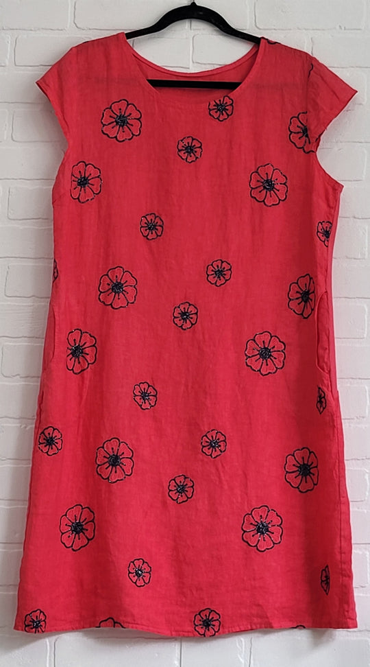 Embroidered Pansies Linen Dress