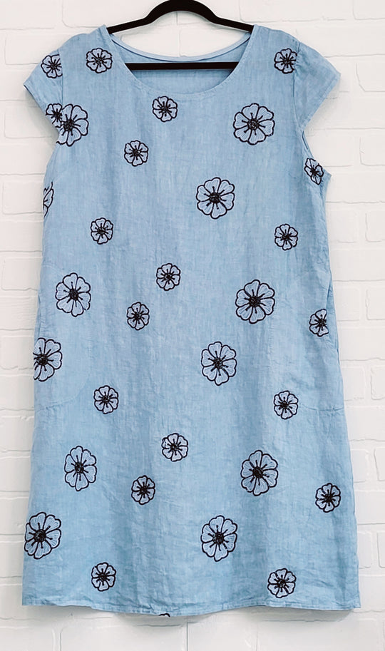 Embroidered Pansies Linen Dress