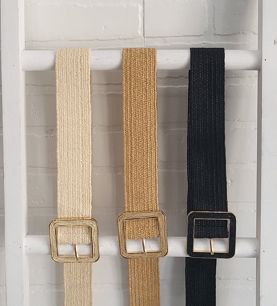 Square Buckle Straw Woven Elastic Waist Belt