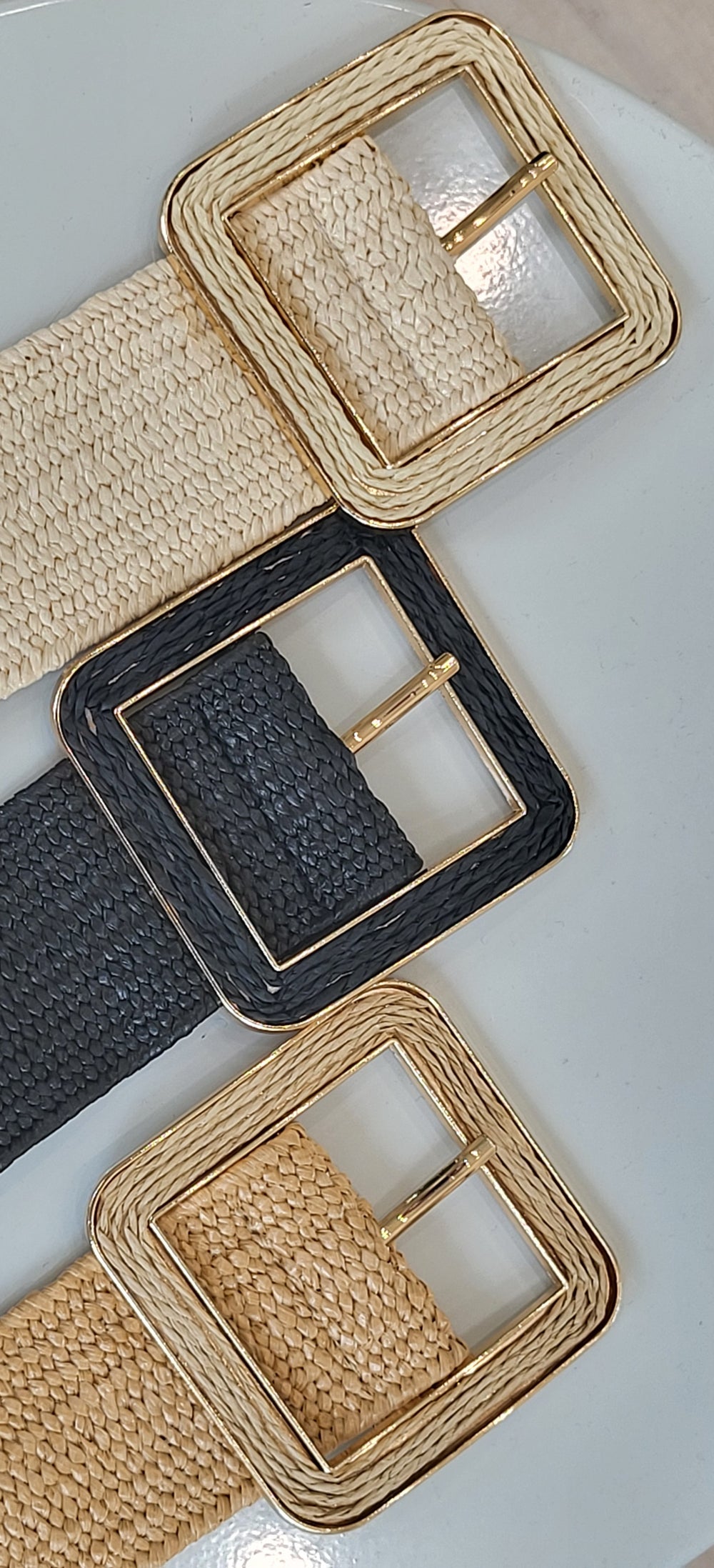 Square Buckle Straw Woven Elastic Waist Belt