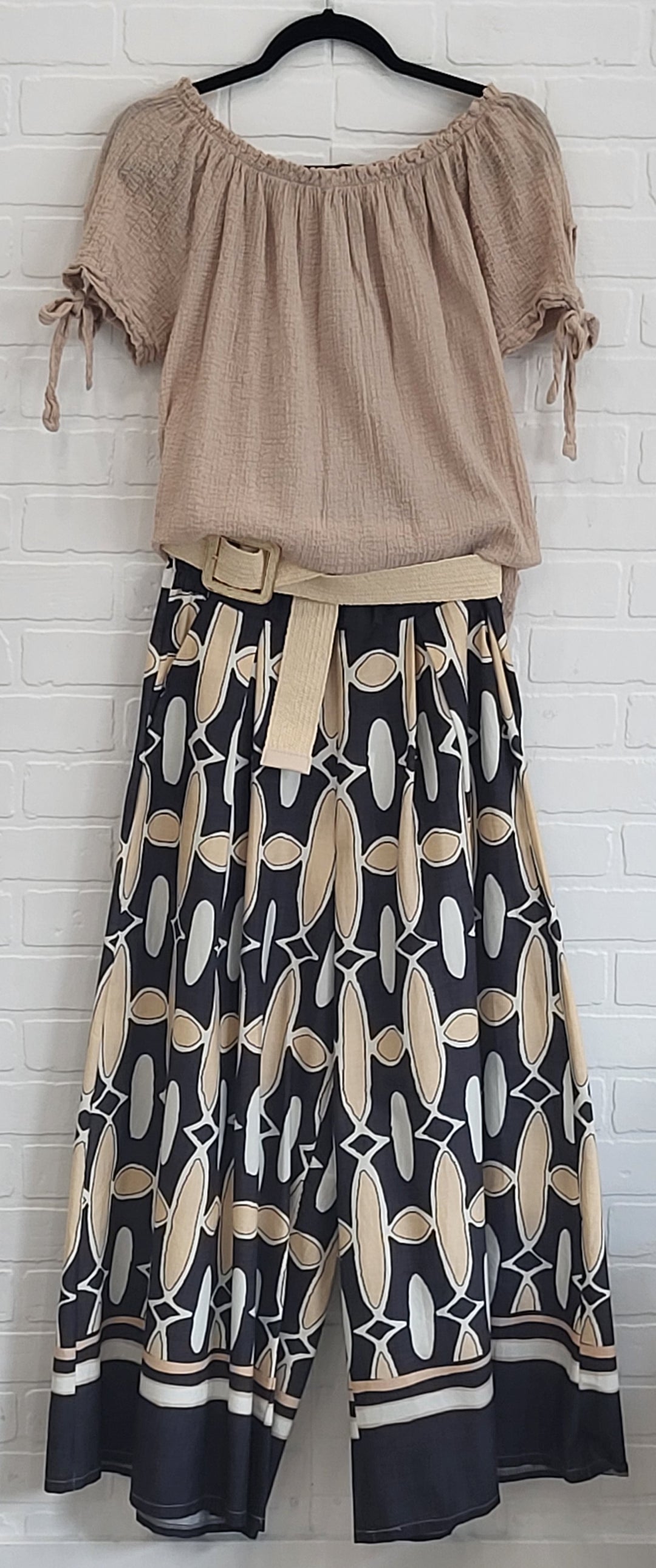 Wide Leg Pants Geometric Print Black Beige