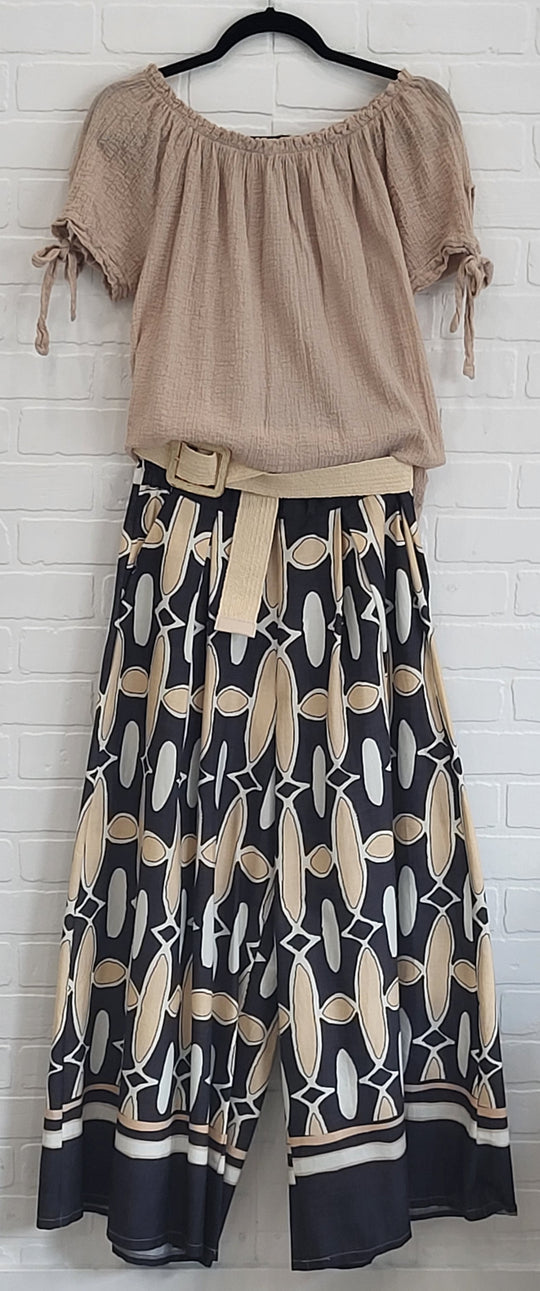 Wide Leg Pants Geometric Print Black Beige