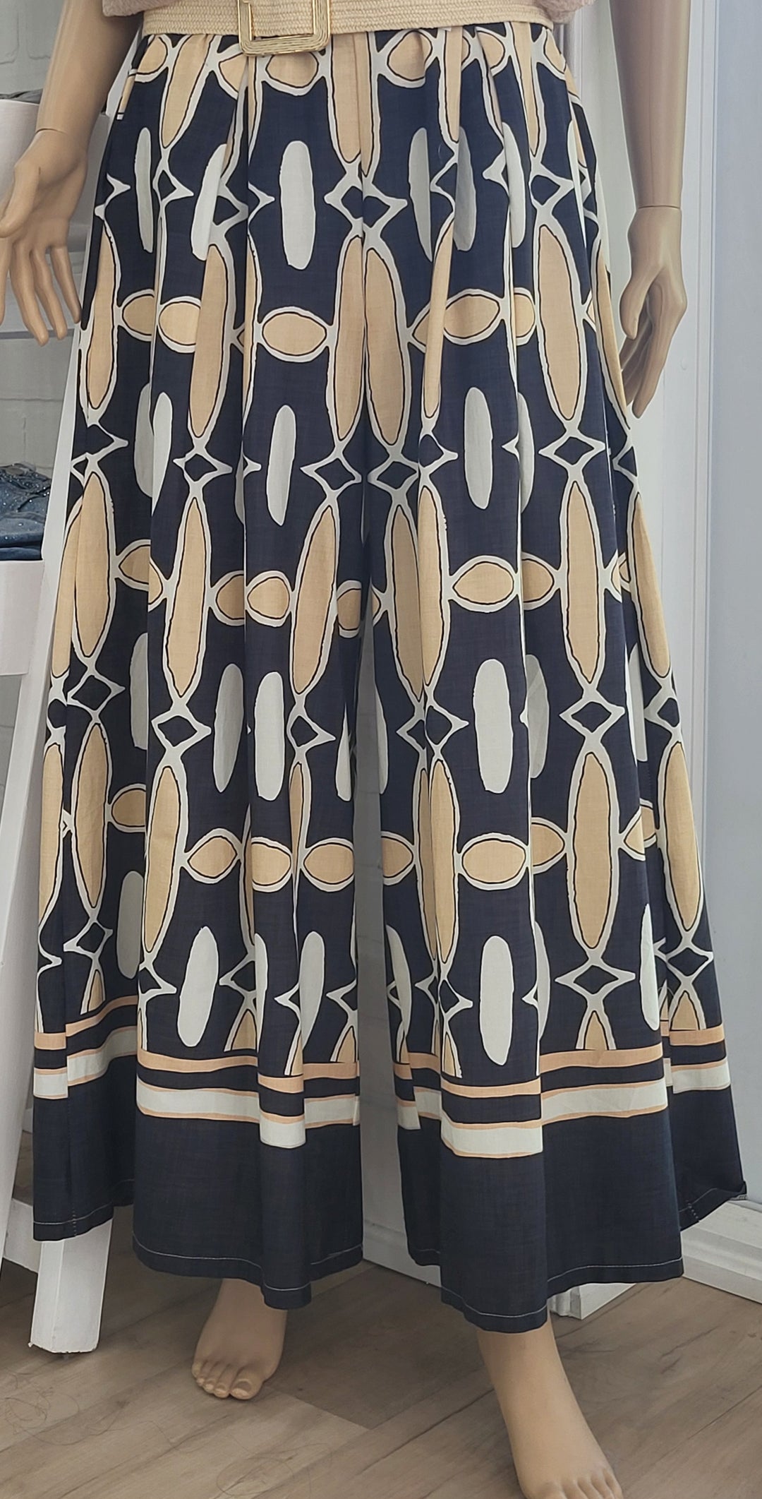 Wide Leg Pants Geometric Print Black Beige