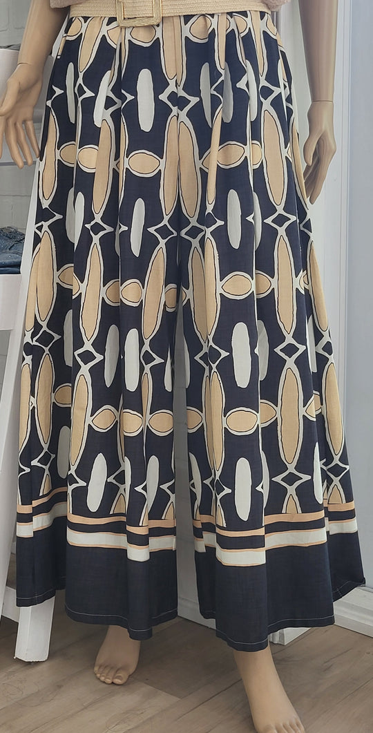 Wide Leg Pants Geometric Print Black Beige