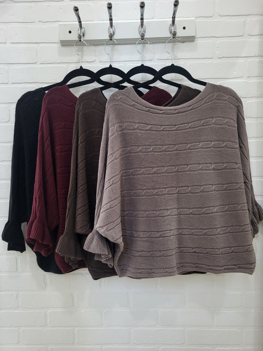 Cable Stiched Ruffle 3/4 Sleeve Knit Top