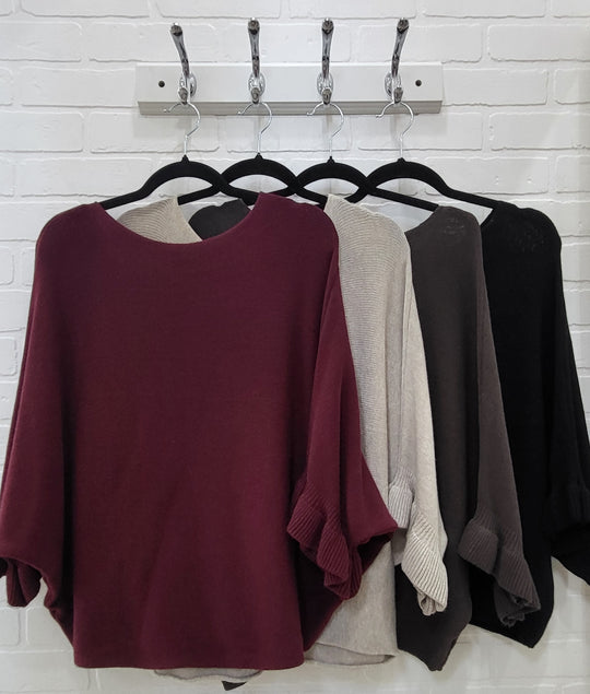 Solid Batwing 3/4 Ruffle Sleeve  Knit Top
