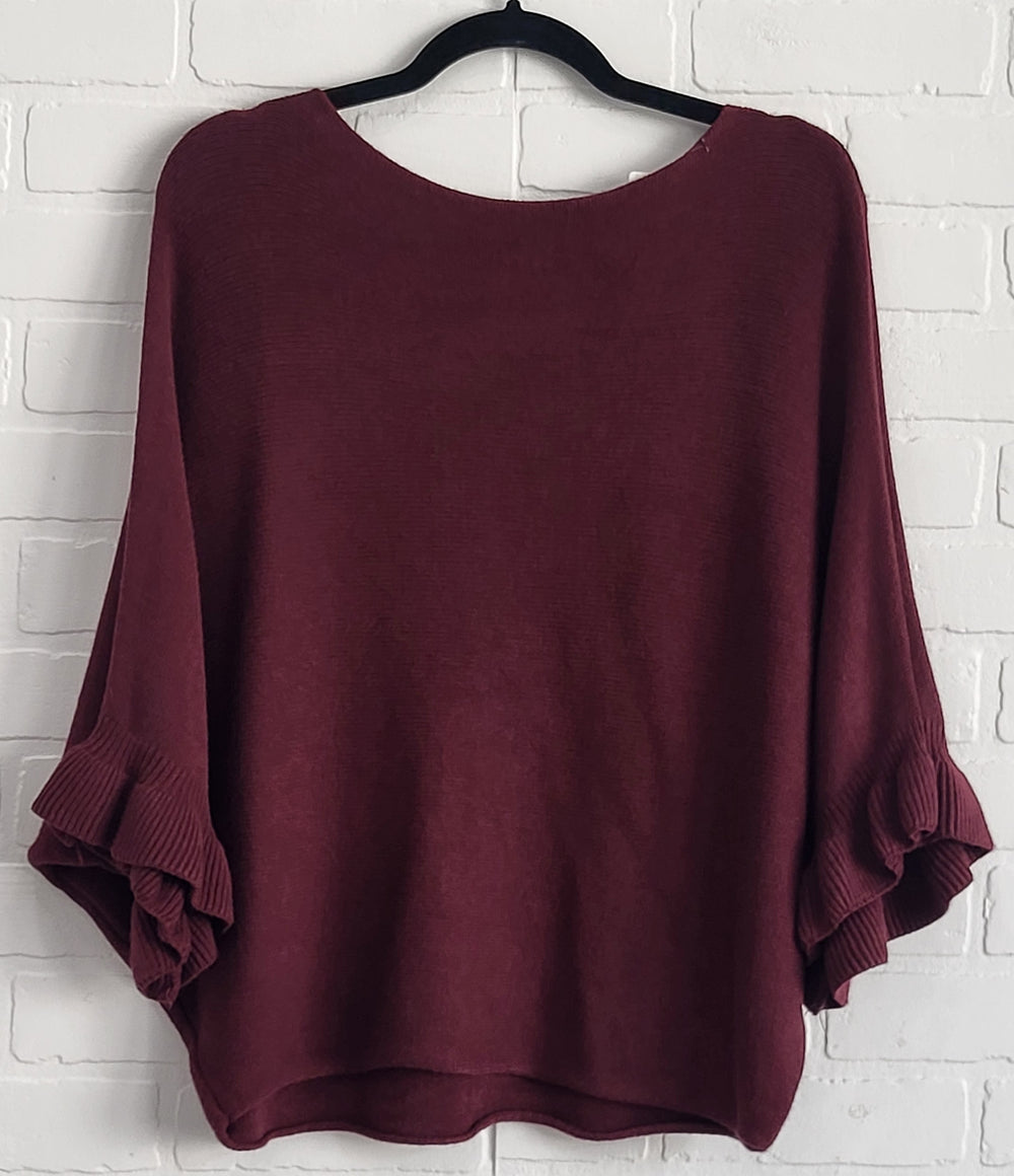 Solid Batwing 3/4 Ruffle Sleeve  Knit Top