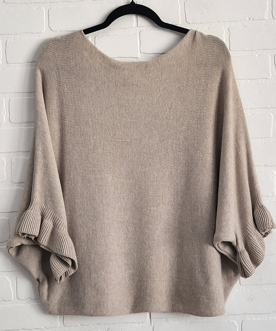 Solid Batwing 3/4 Ruffle Sleeve  Knit Top