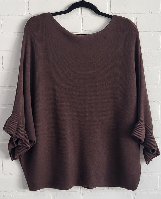 Solid Batwing 3/4 Ruffle Sleeve  Knit Top