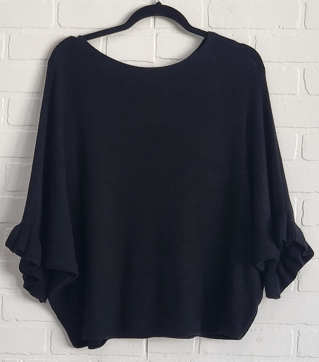 Solid Batwing 3/4 Ruffle Sleeve  Knit Top