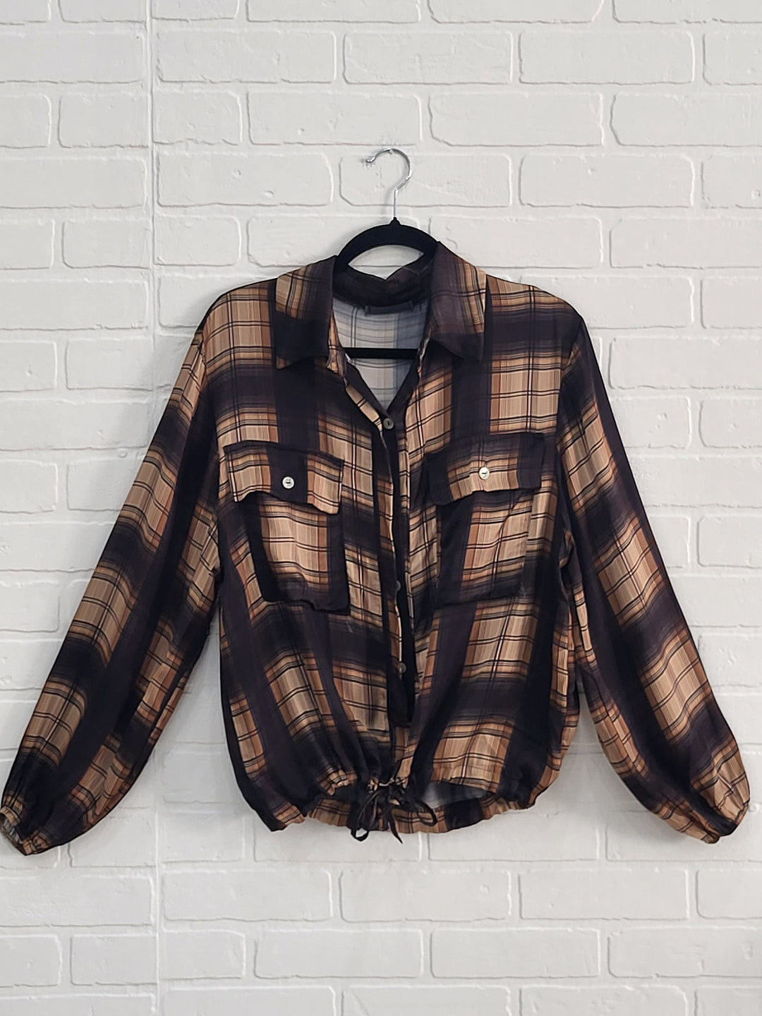 Satin Plaid Drawstring Blouse