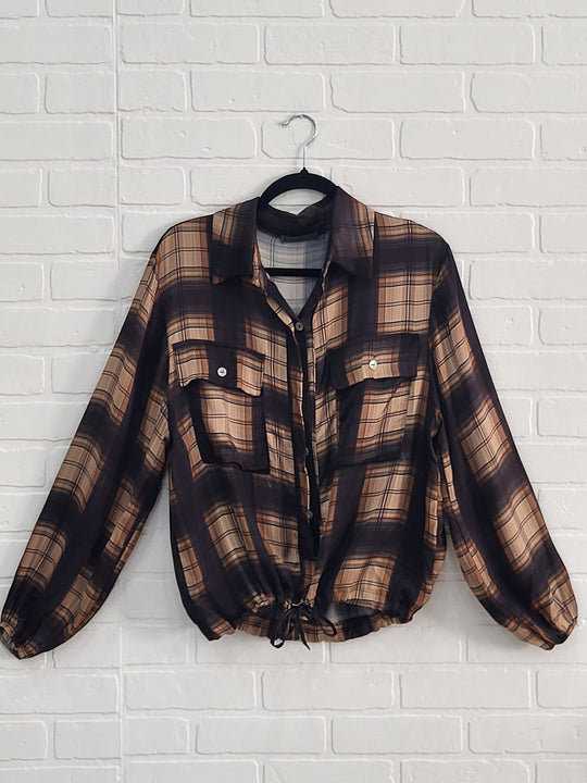 Satin Plaid Drawstring Blouse