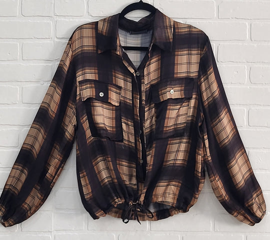 Satin Plaid Drawstring Blouse