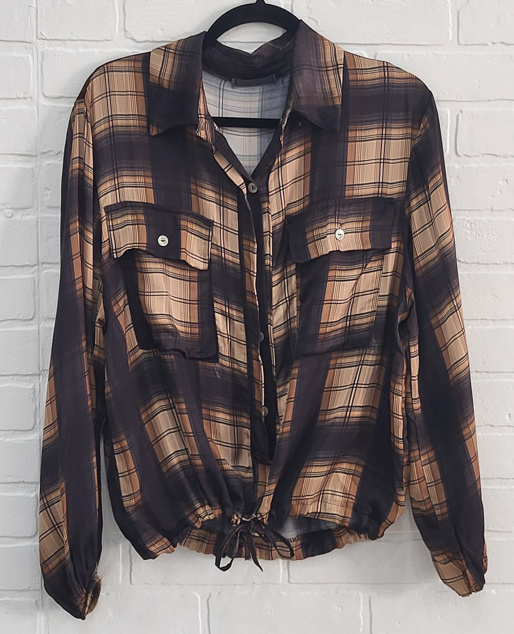Satin Plaid Drawstring Blouse