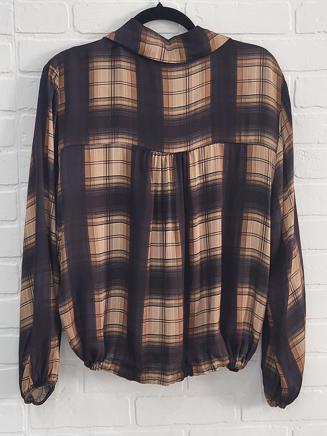 Satin Plaid Drawstring Blouse