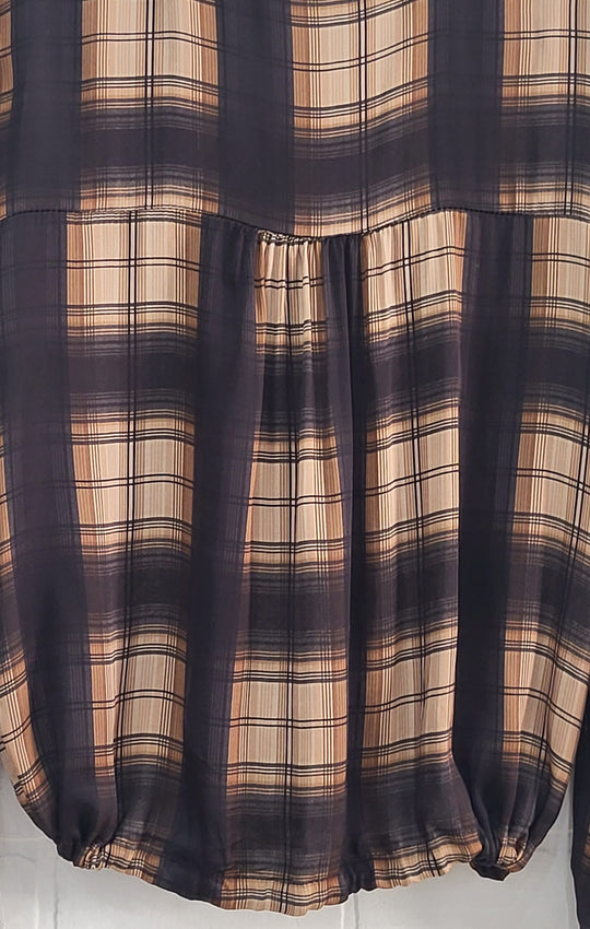 Satin Plaid Drawstring Blouse