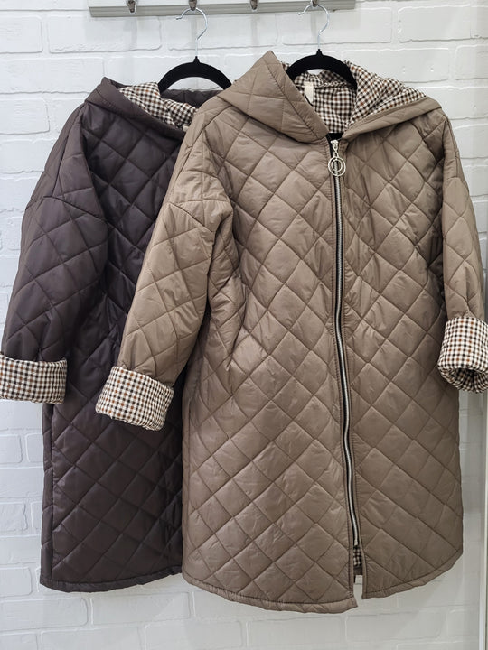 Lux Luna Quilted Hooded Coat with Check Trim