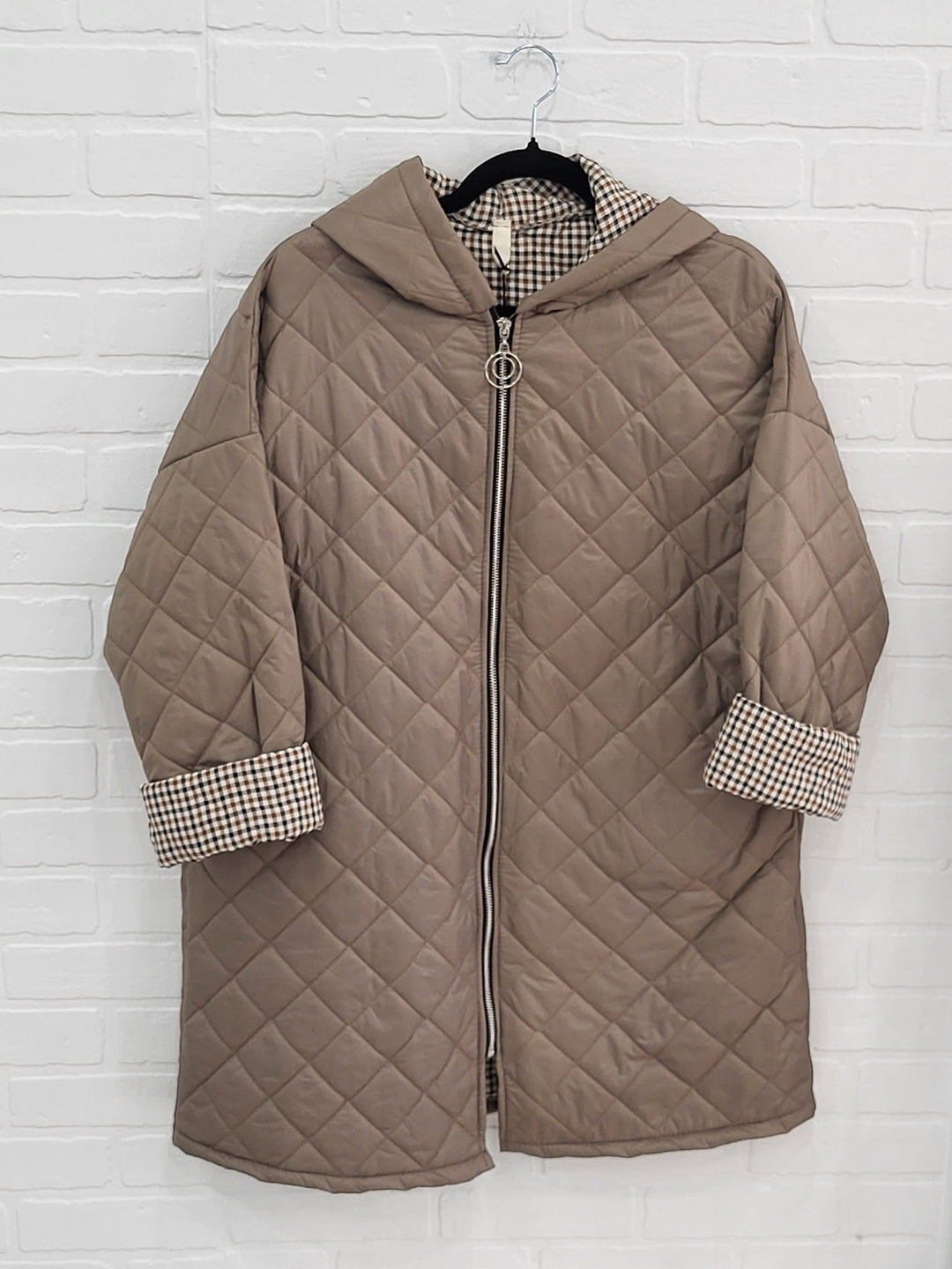 Lux Luna Quilted Hooded Coat with Check Trim