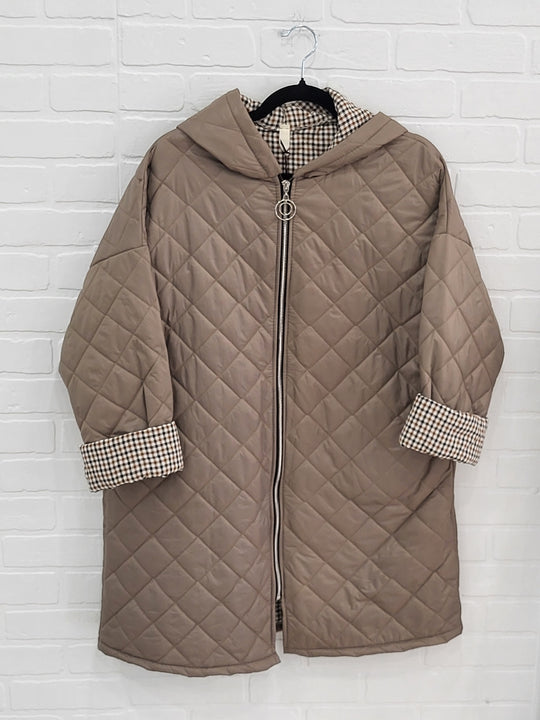 Lux Luna Quilted Hooded Coat with Check Trim