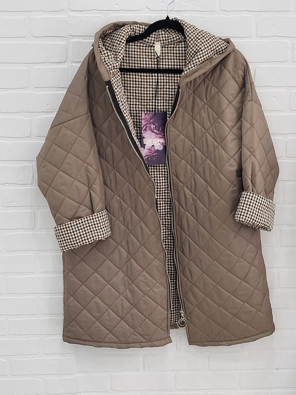 Lux Luna Quilted Hooded Coat with Check Trim