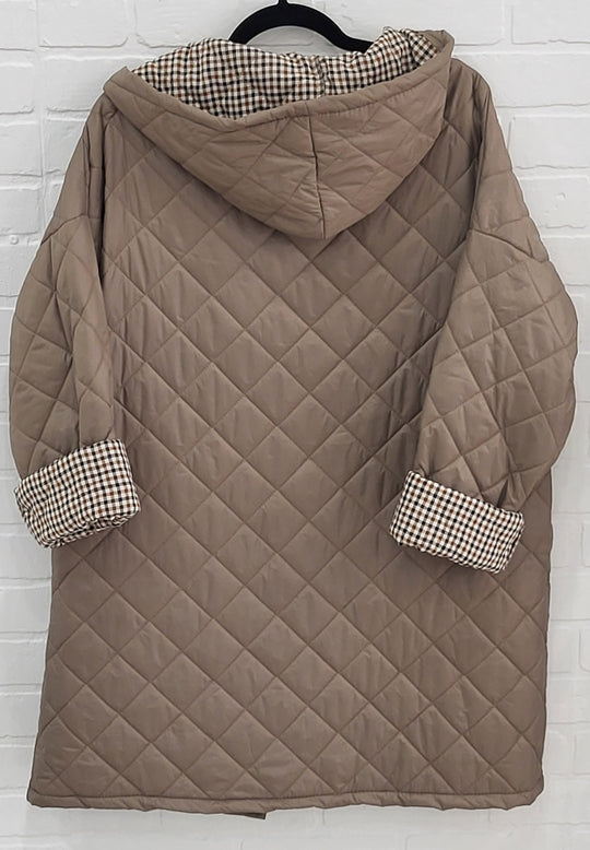 Lux Luna Quilted Hooded Coat with Check Trim