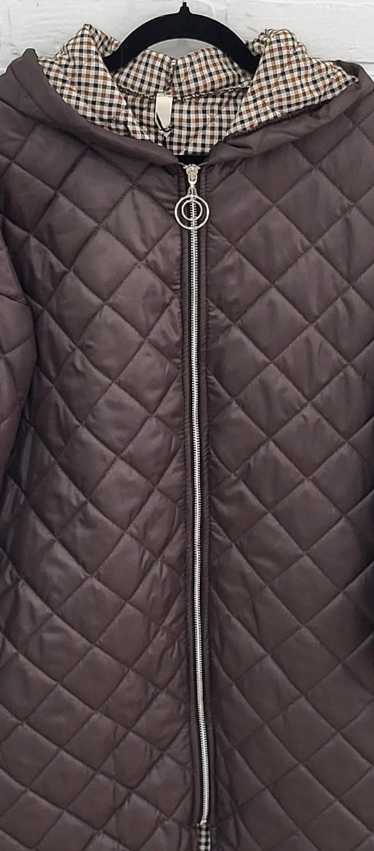 Lux Luna Quilted Hooded Coat with Check Trim